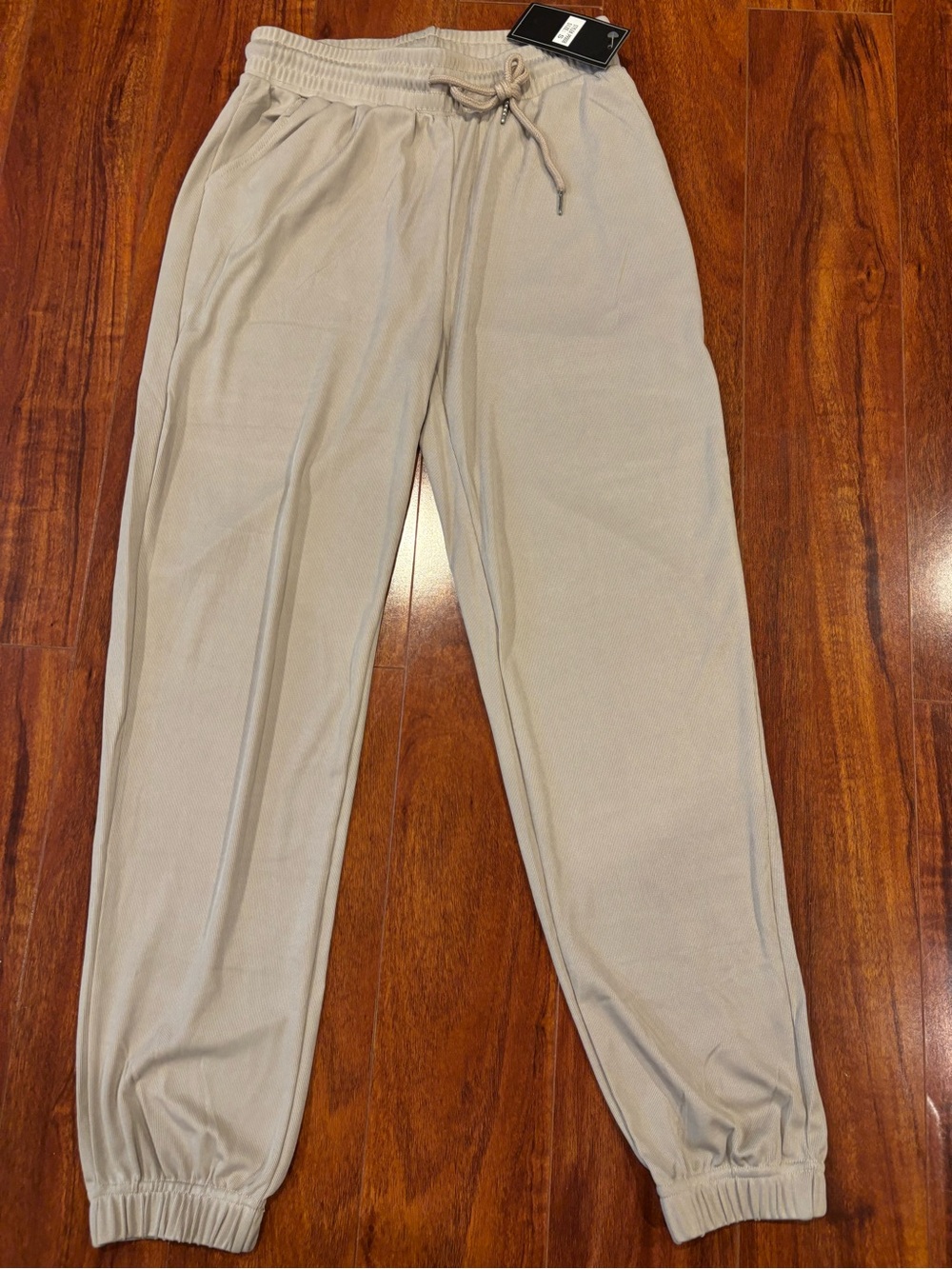 Beige Ribbed Drawstring Jogger Pants for Women
